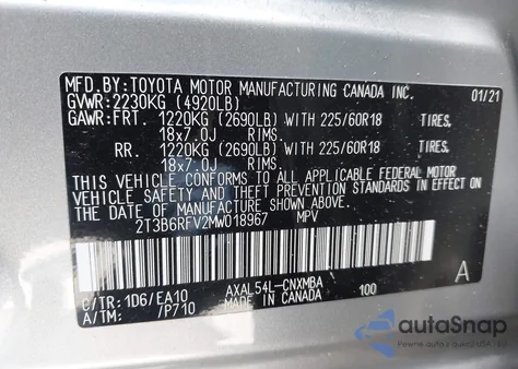 2021 Toyota Rav4 Hybrid Xle Premium z USA, uszkodzony, nr VIN 2T3B6RFV2MW018967